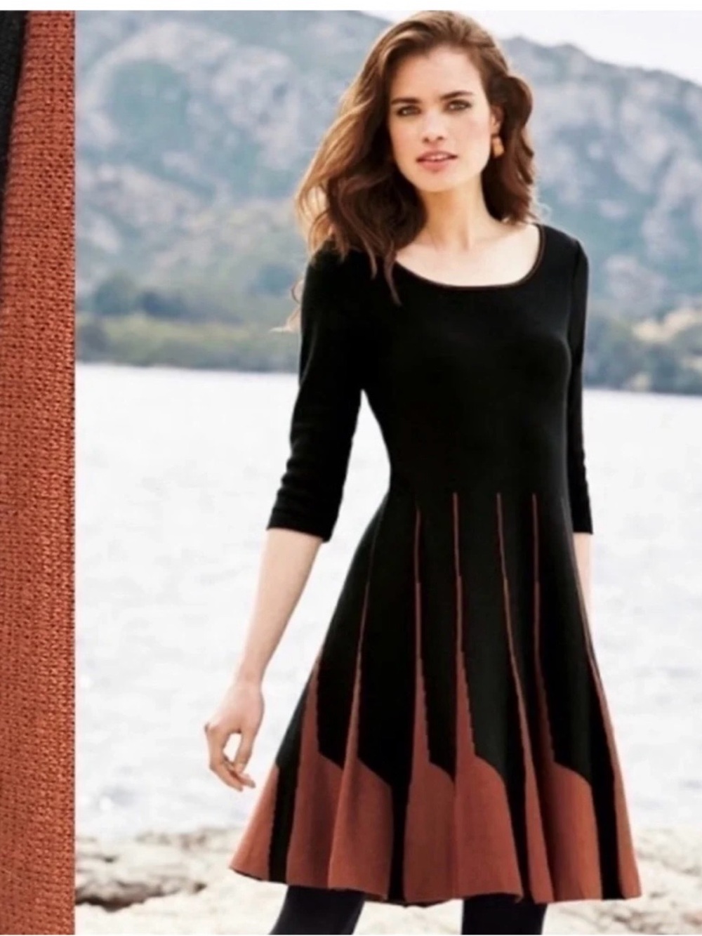 Peruvian Connection Parc Royal Pima Cotton Knit Fit Flare Dress Black Rust M